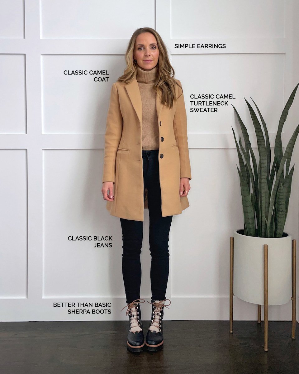 tan coat with tan turtleneck sweater and sherpa lace up boots