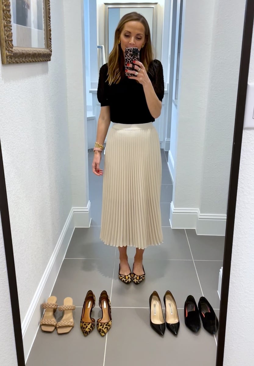 which shoes and why pleated skirt with black top