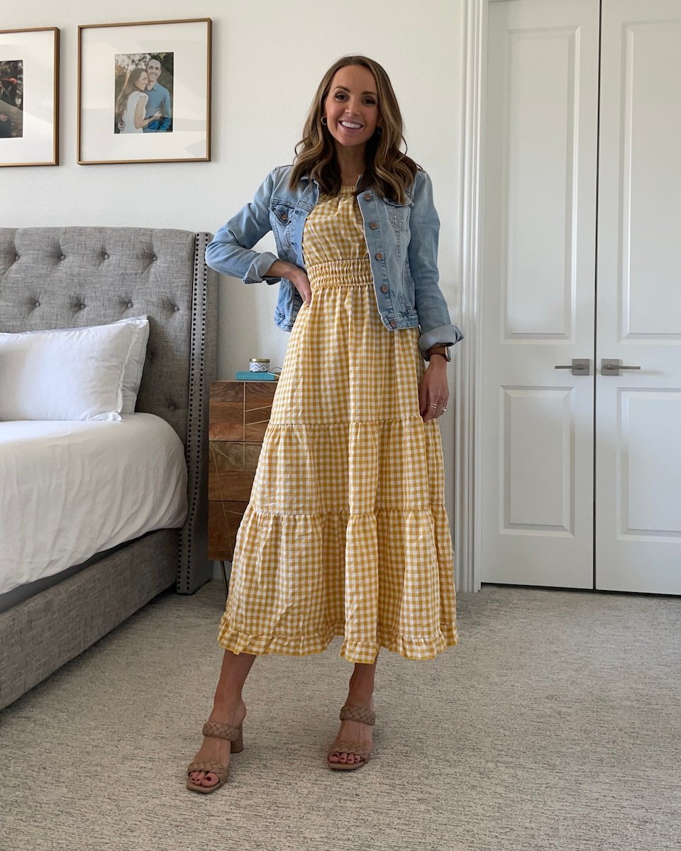 gingham dress with denim jacket