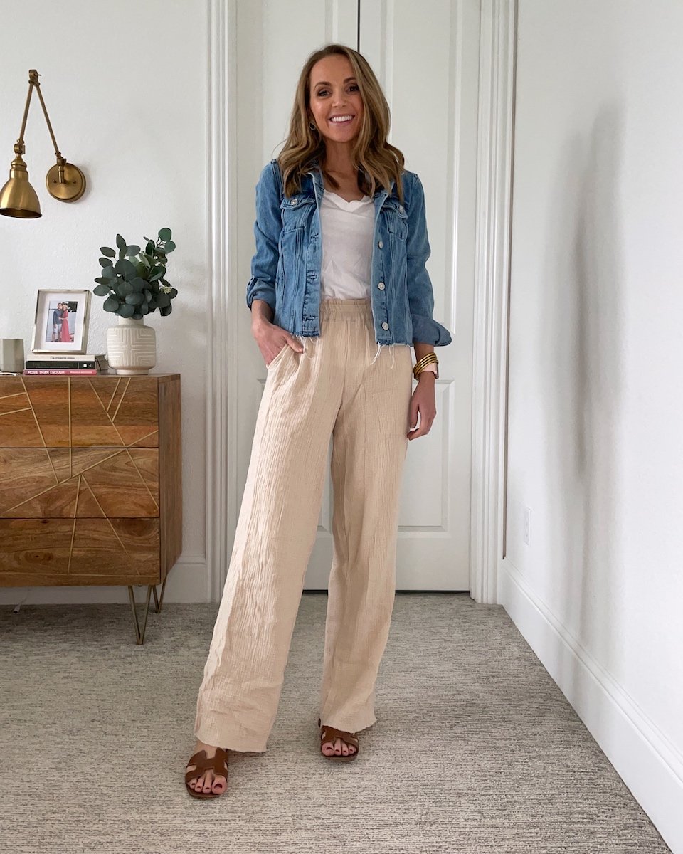Linen pants with denim jacket
