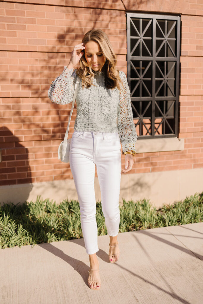 white skinny jeans with lace top