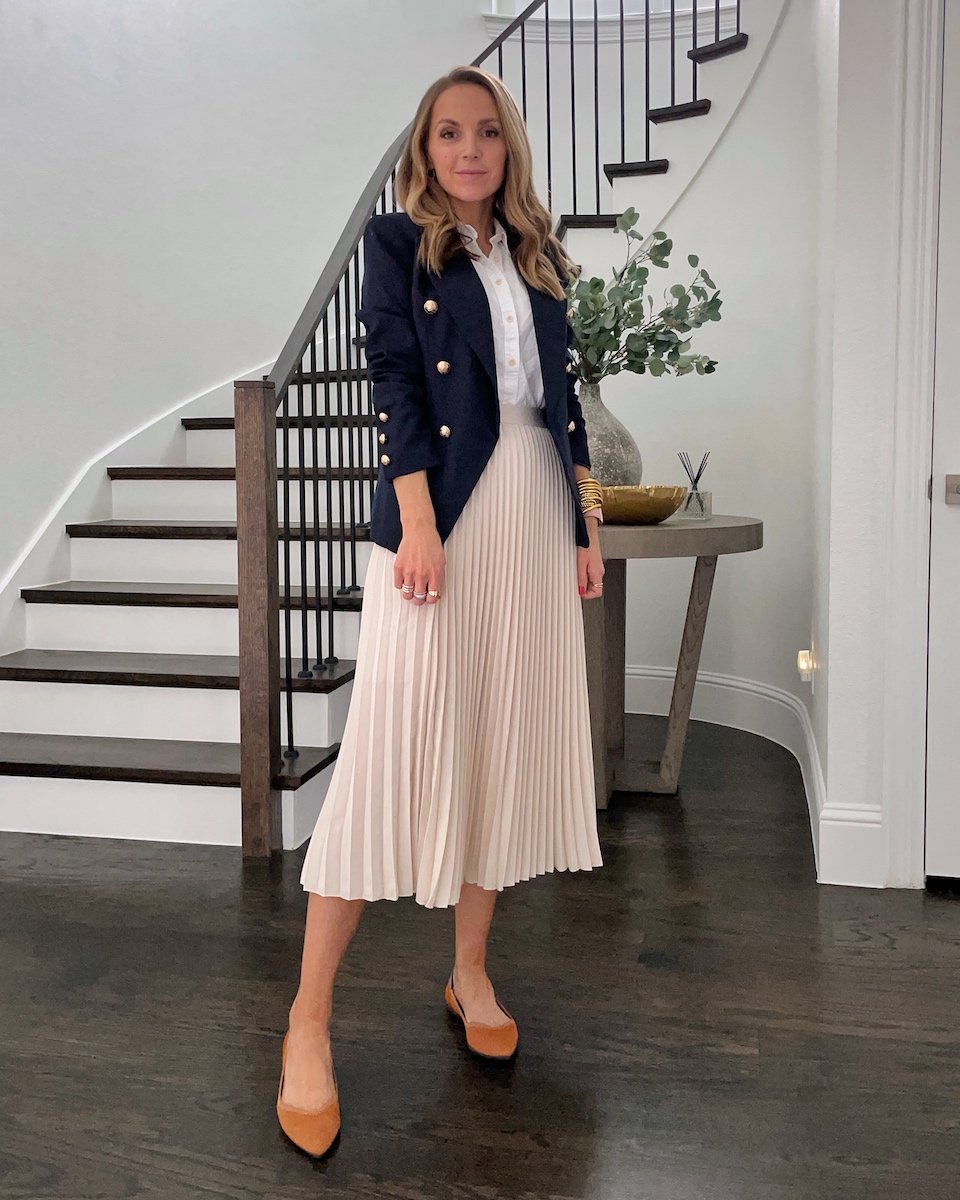 cream pleated skirt workwear