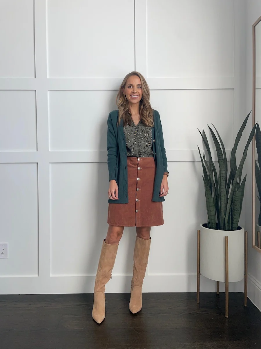 Fall Tall Boots with skirt and cardigan
