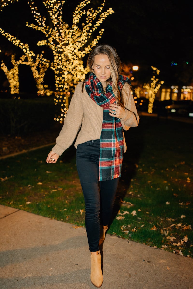 PLAID SCARF WITH TAN SWEATER
