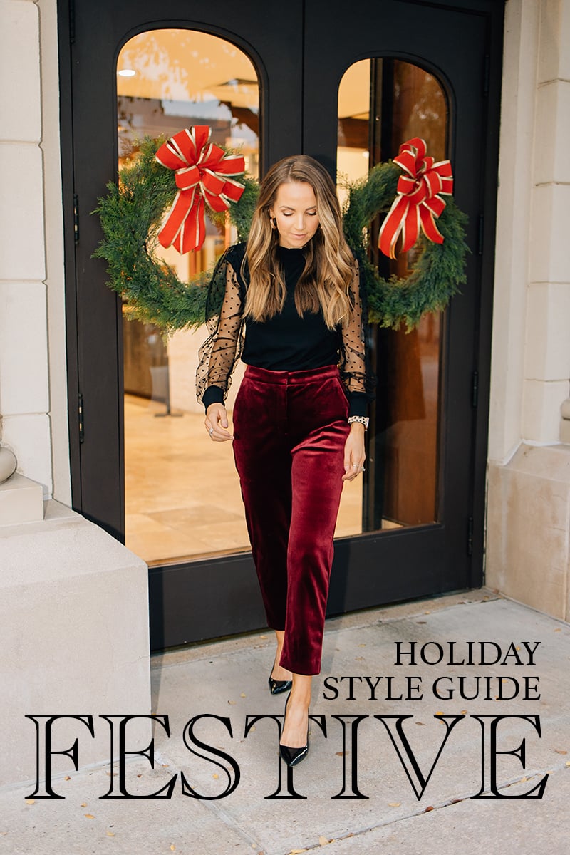 holiday festive outfits velvet pants and sheer sleeve top