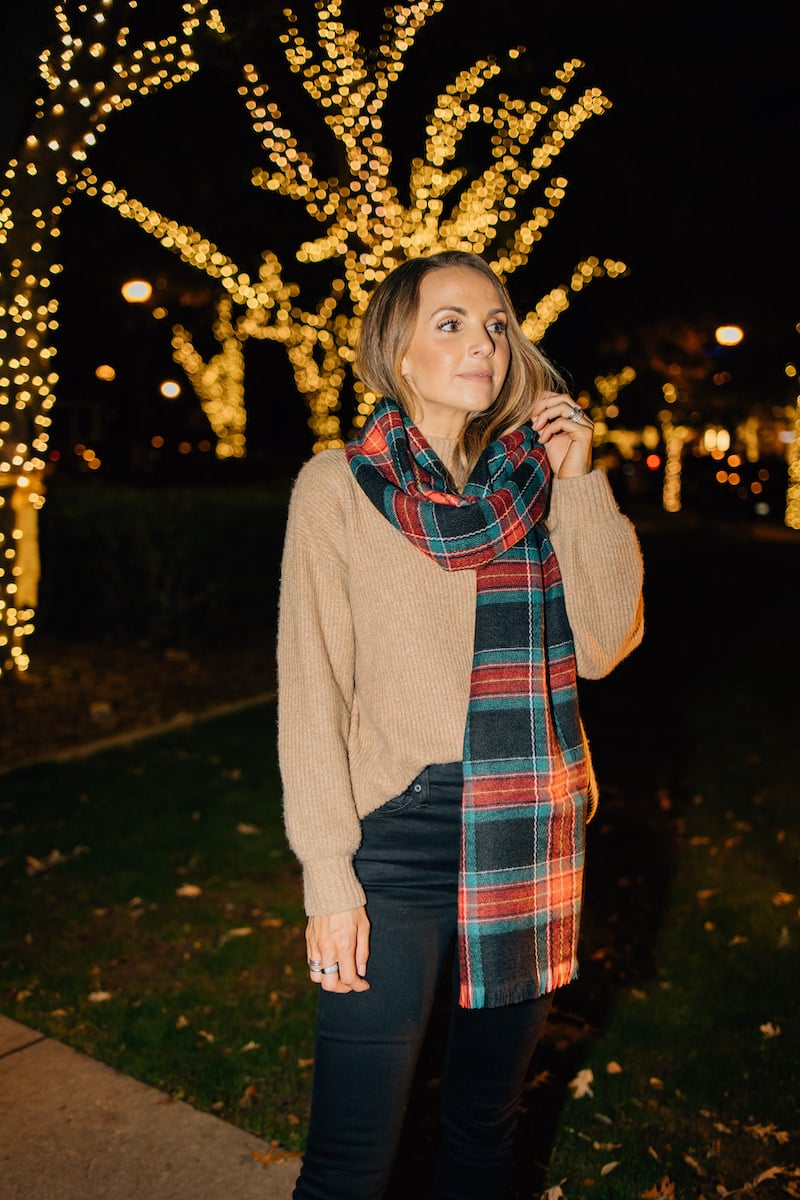 PLAID SCARF WITH TAN SWEATER