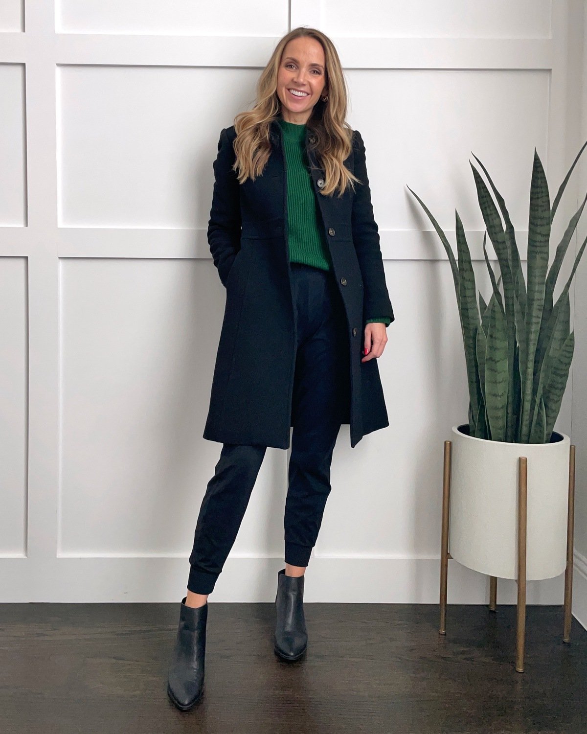 black joggers with black coat