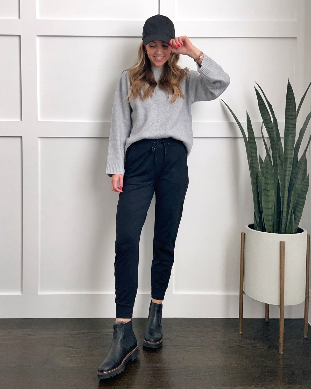 black joggers with gray sweatshirt