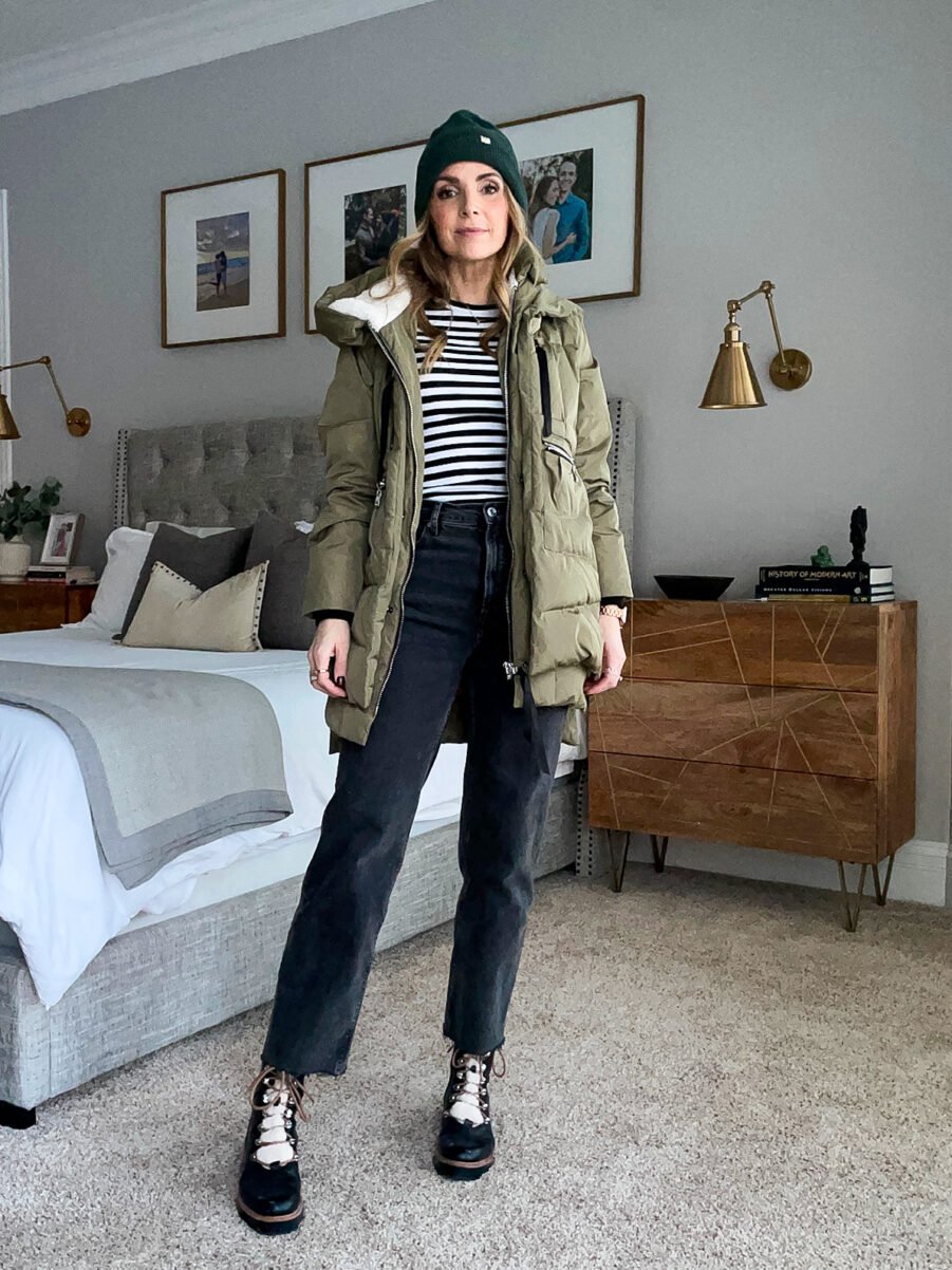 everlane black jeans, stripe shirt, amazon coat
