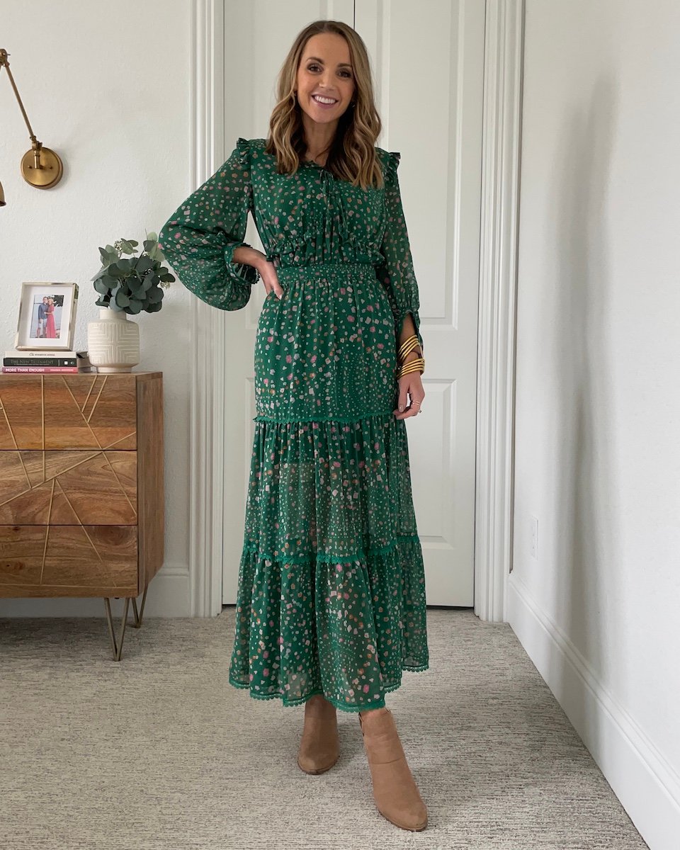green dress with ankle boots