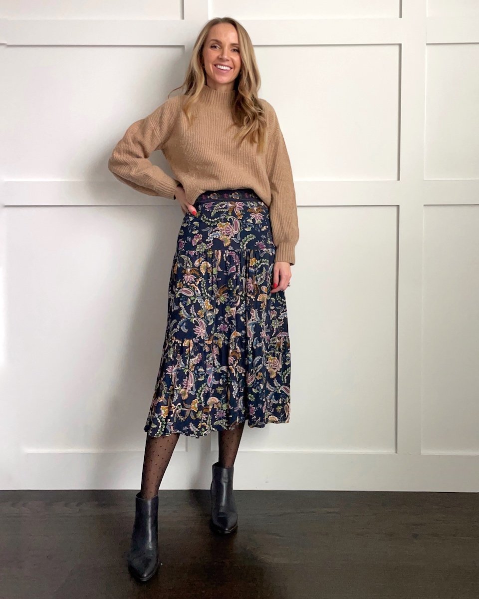 sheer tights with floral skirt
