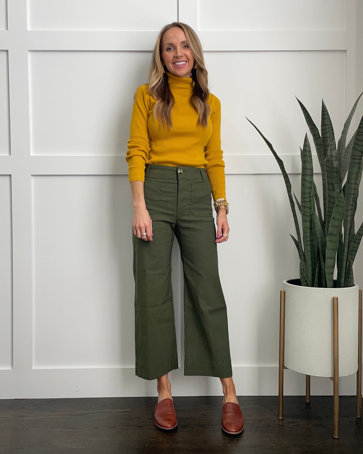 wide leg olive pants yellow top