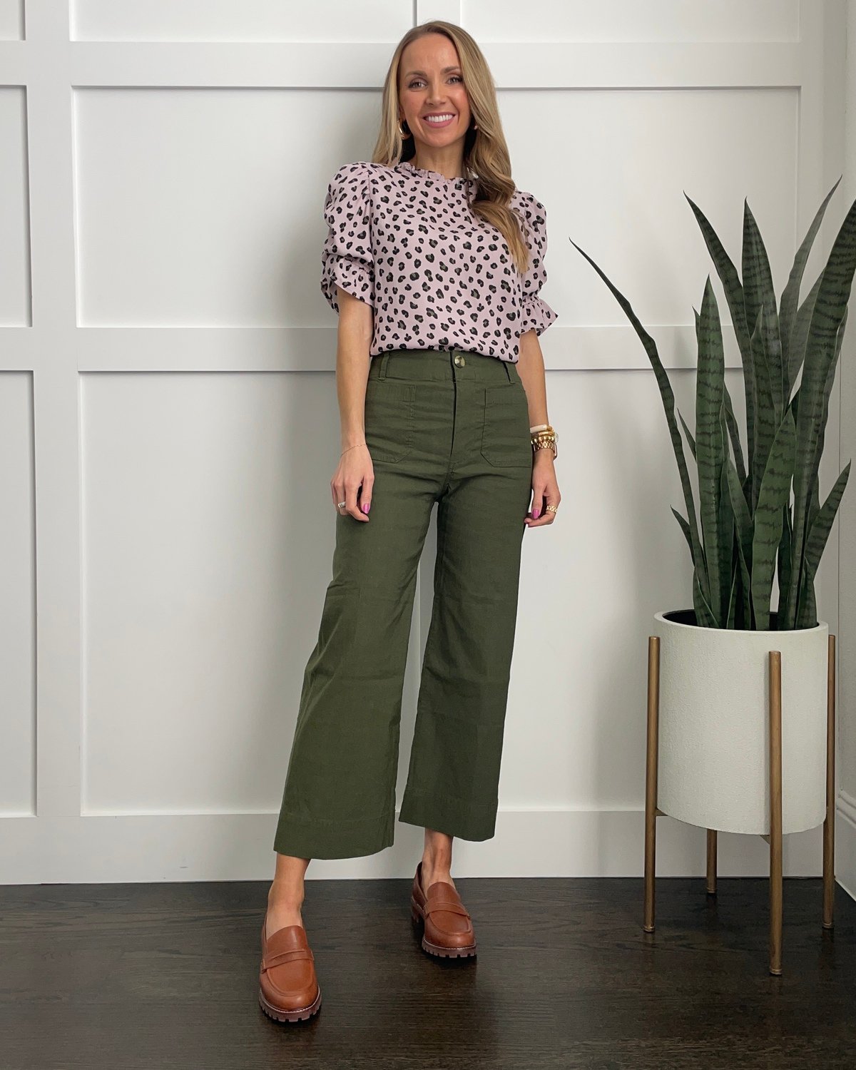 wide leg olive pants purple top