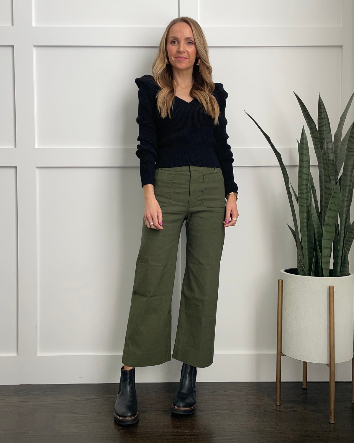 wide leg olive pants black sweater