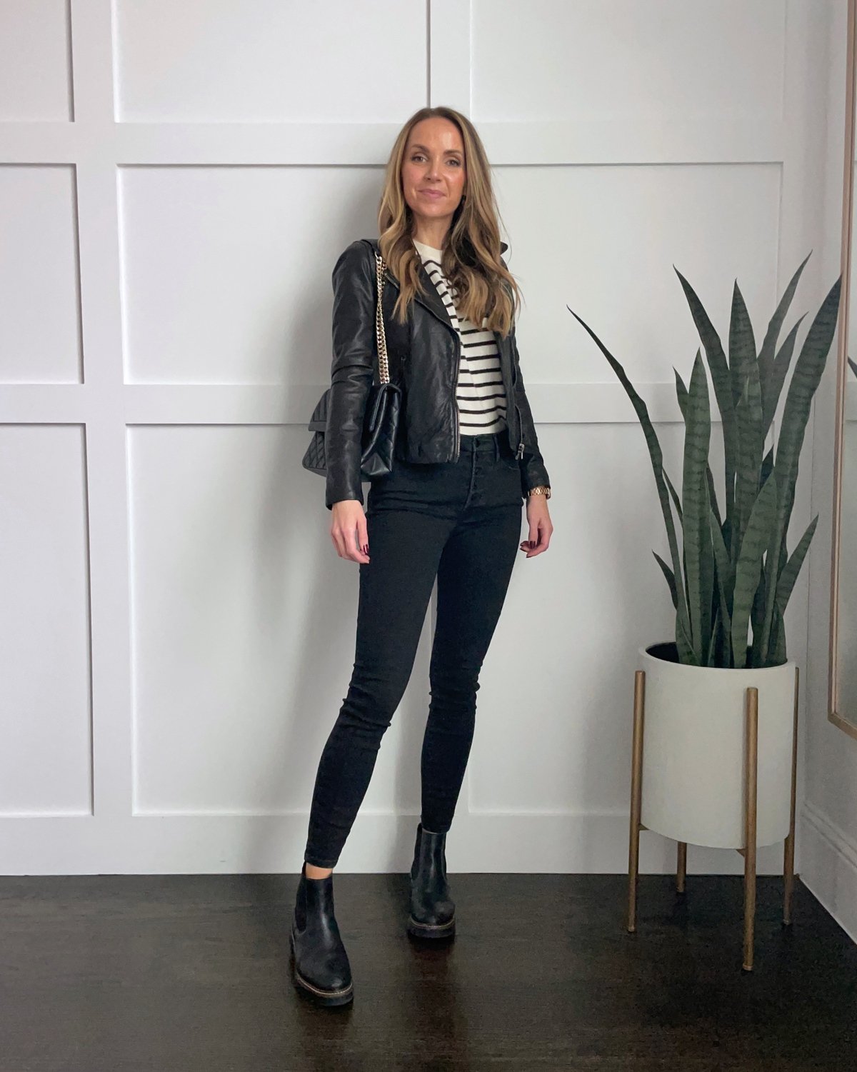 leather jacket striped sweater