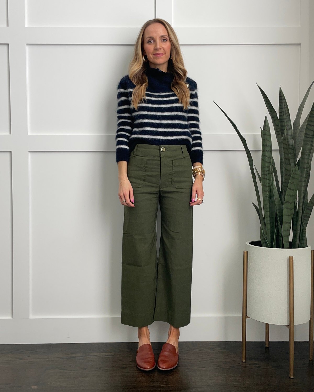 wide leg olive pants striped top