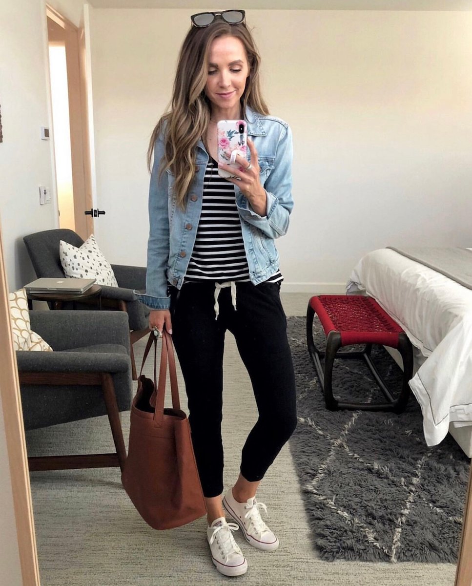 joggers and denim jacket