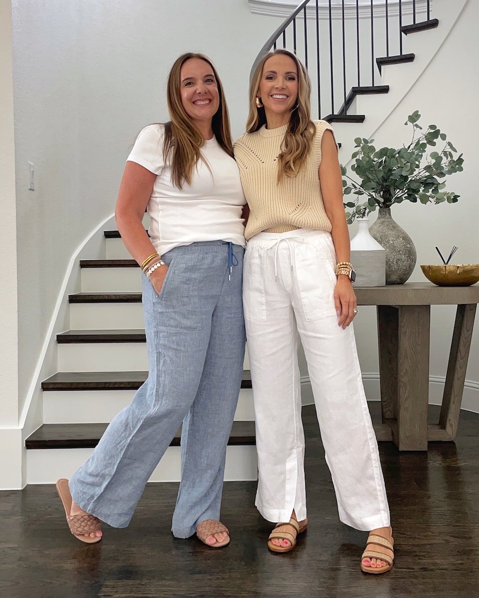 linen pants with sweater and tee