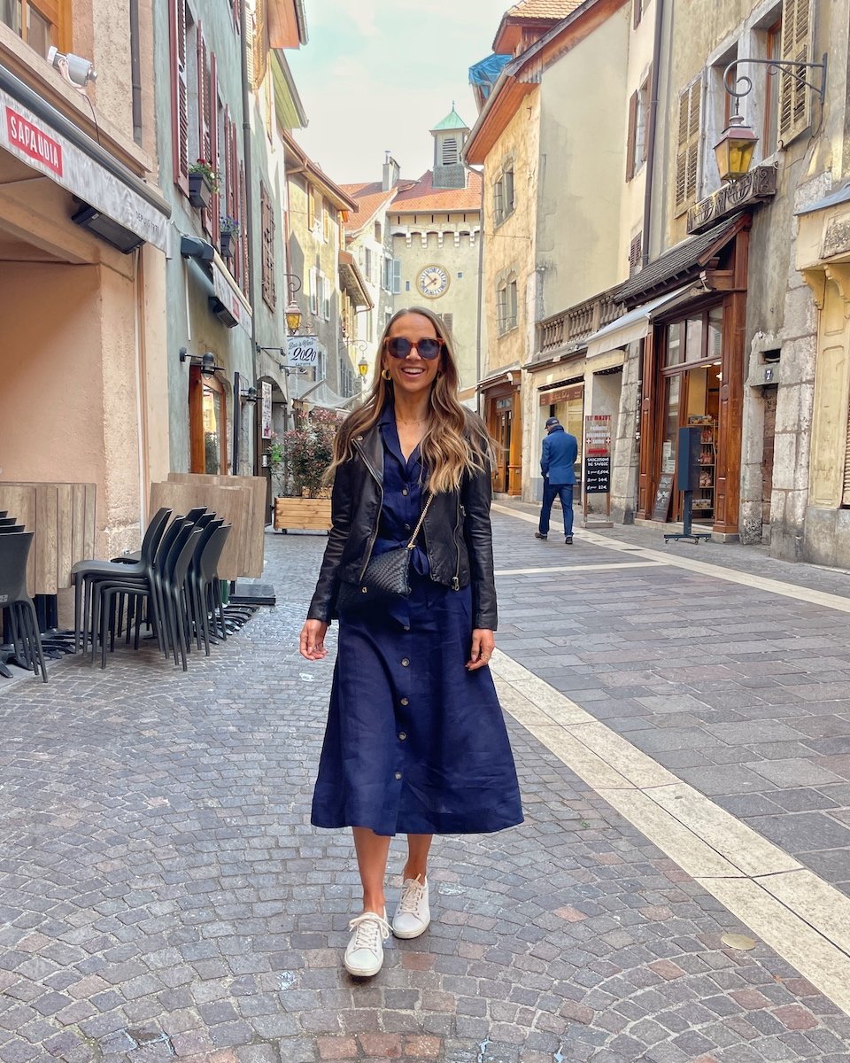 linen dress with leather jacket