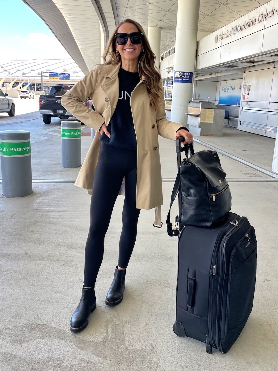 travel day outfit leggings and trench
