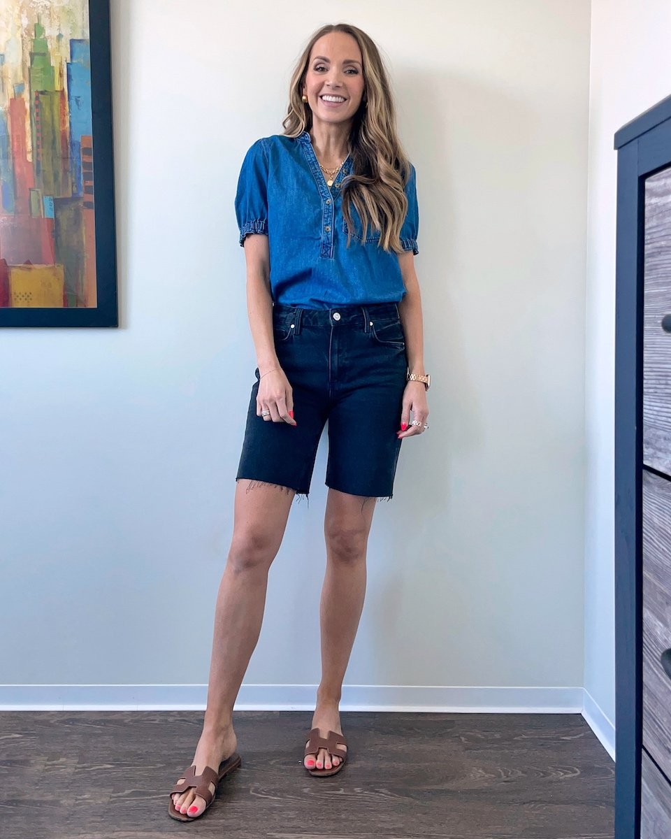 black bermuda shorts and denim shirt