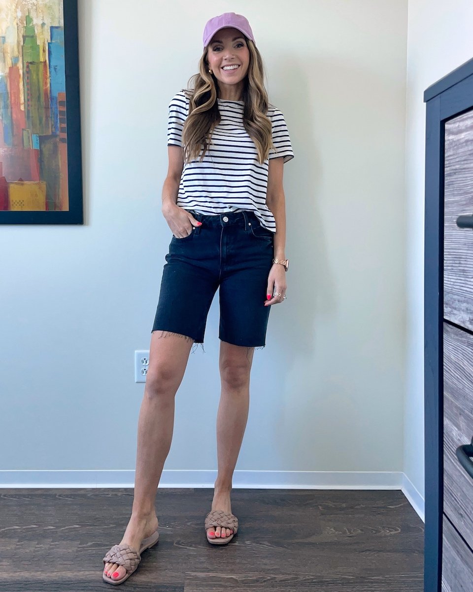 black bermuda shorts with striped boden tee