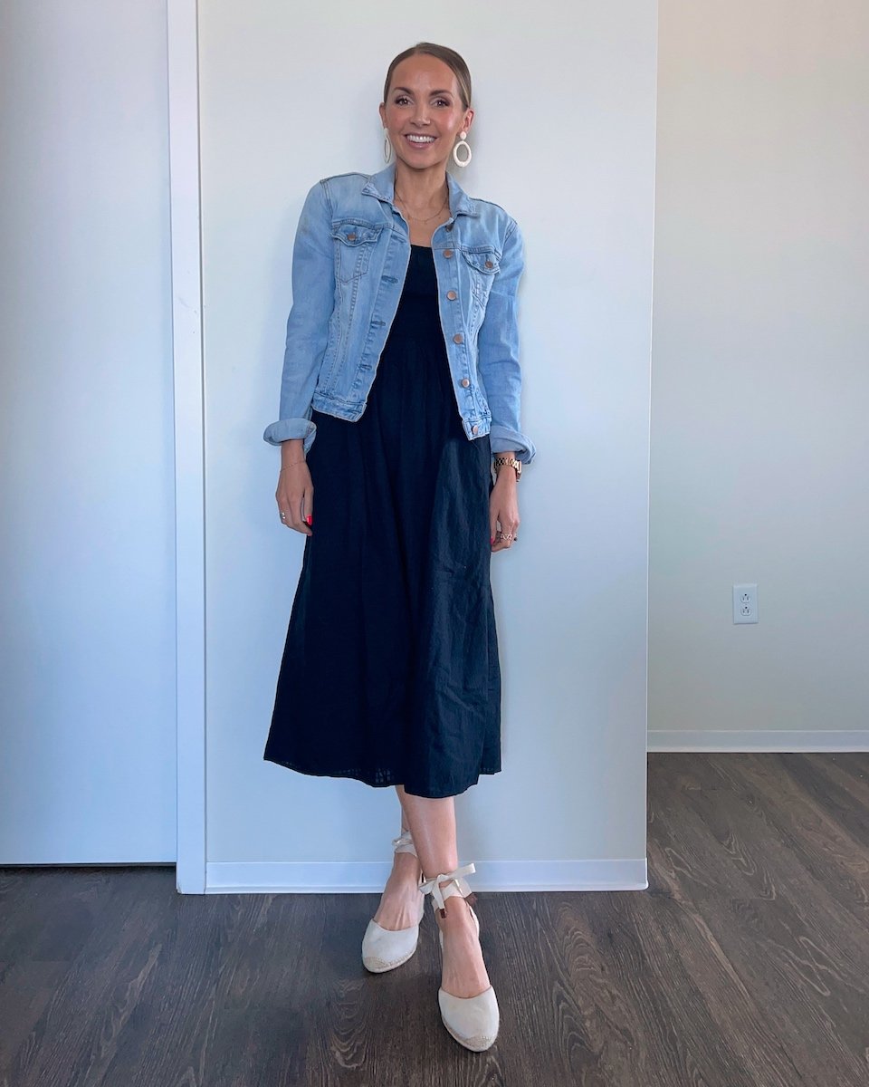 black dress with denim jacket