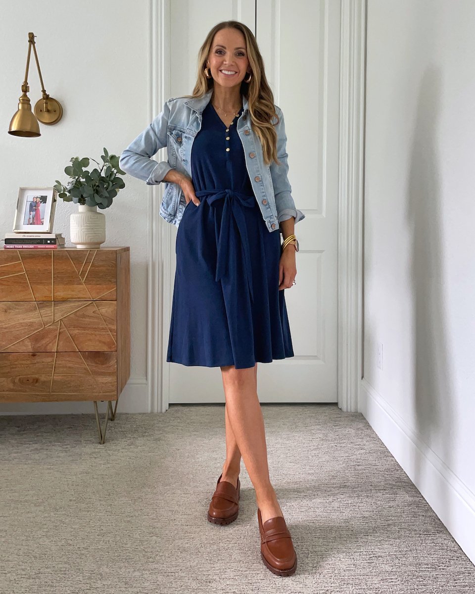 merrick white collection navy dress with madewell brown loafers and light wash denim jacket