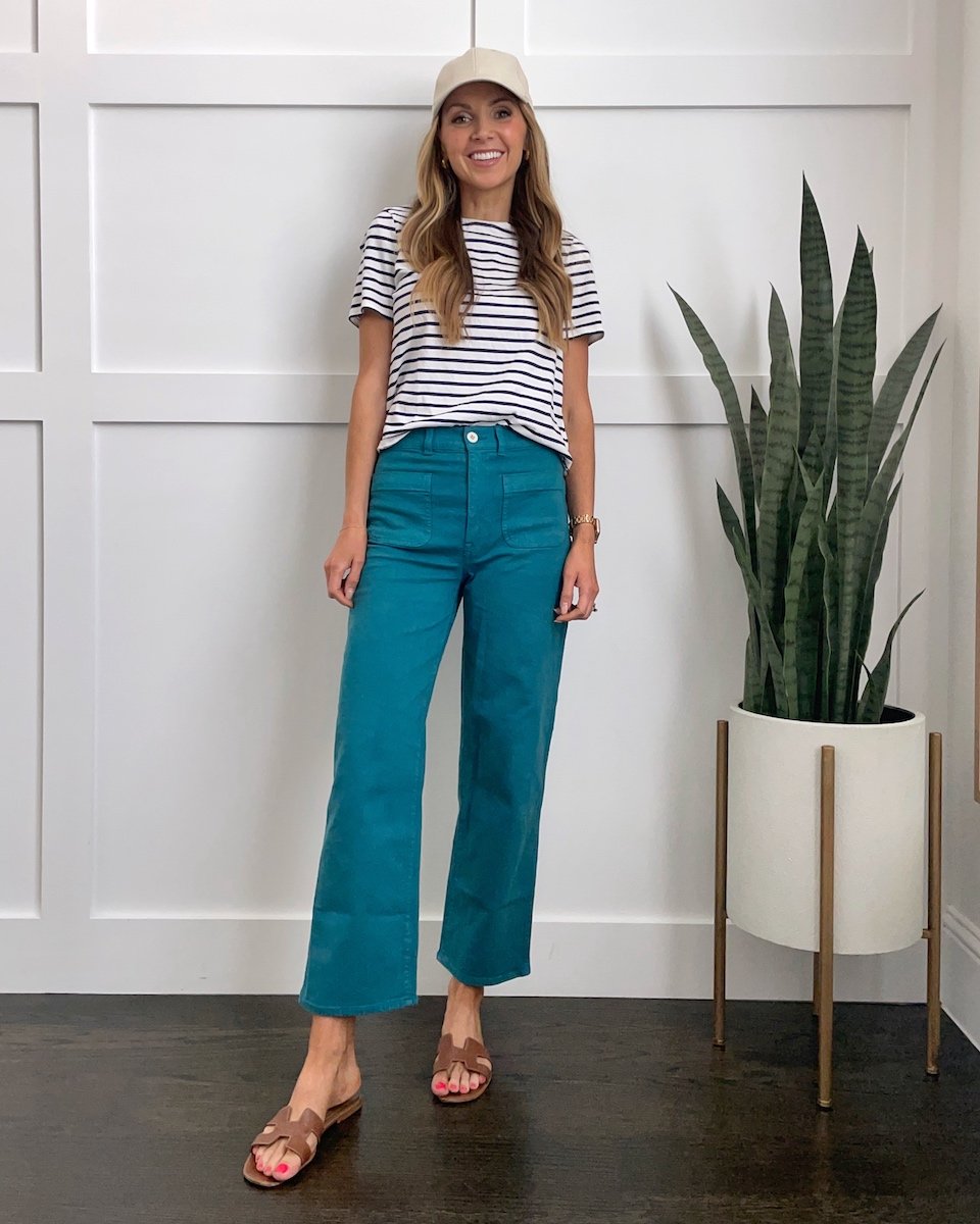 merricksart madewell teal pants and striped tee with baseball hat