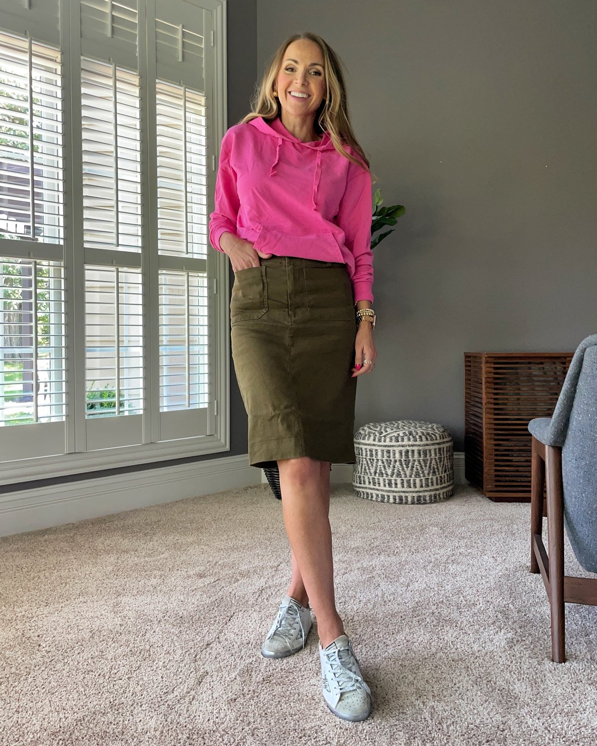colette Maeve pencil skirt pink sweatshirt sneakers