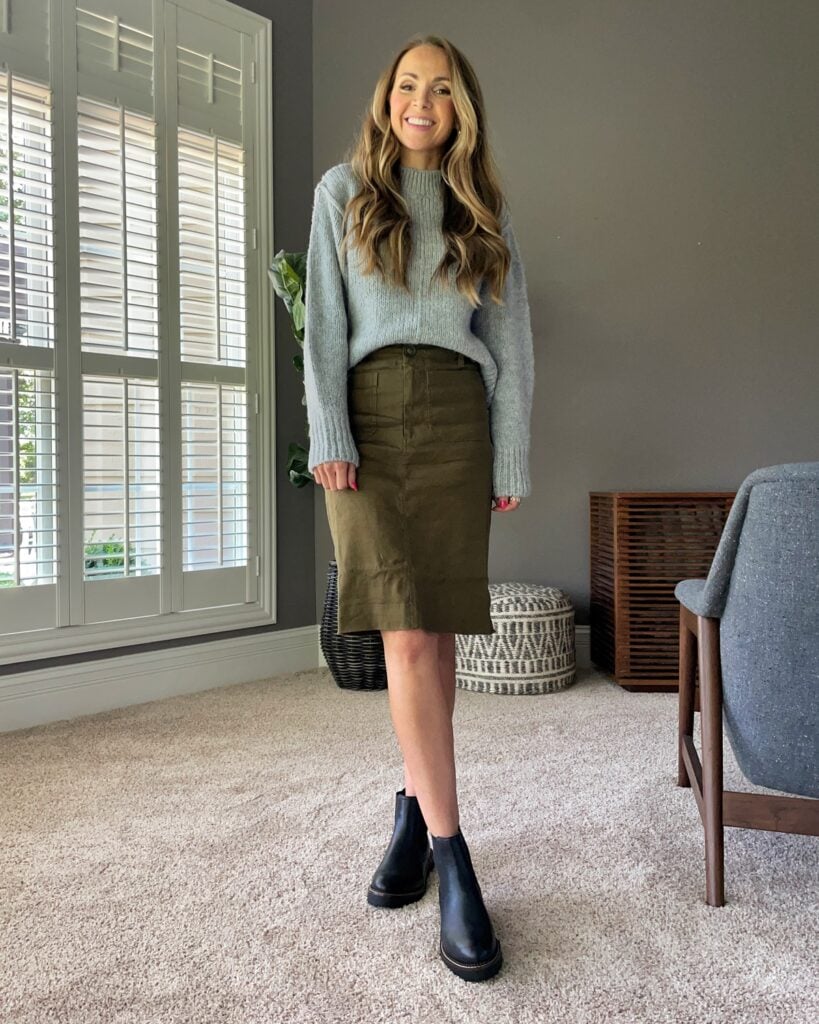 colette Maeve pencil skirt chunky gray sweater ankle Chelsea boots