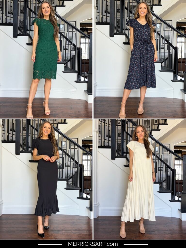 WHat to wear for family pictures, Amazon green lace dress, merrick white collection navy flower dress, rhode lulani black dress, amazon cream pleated dress