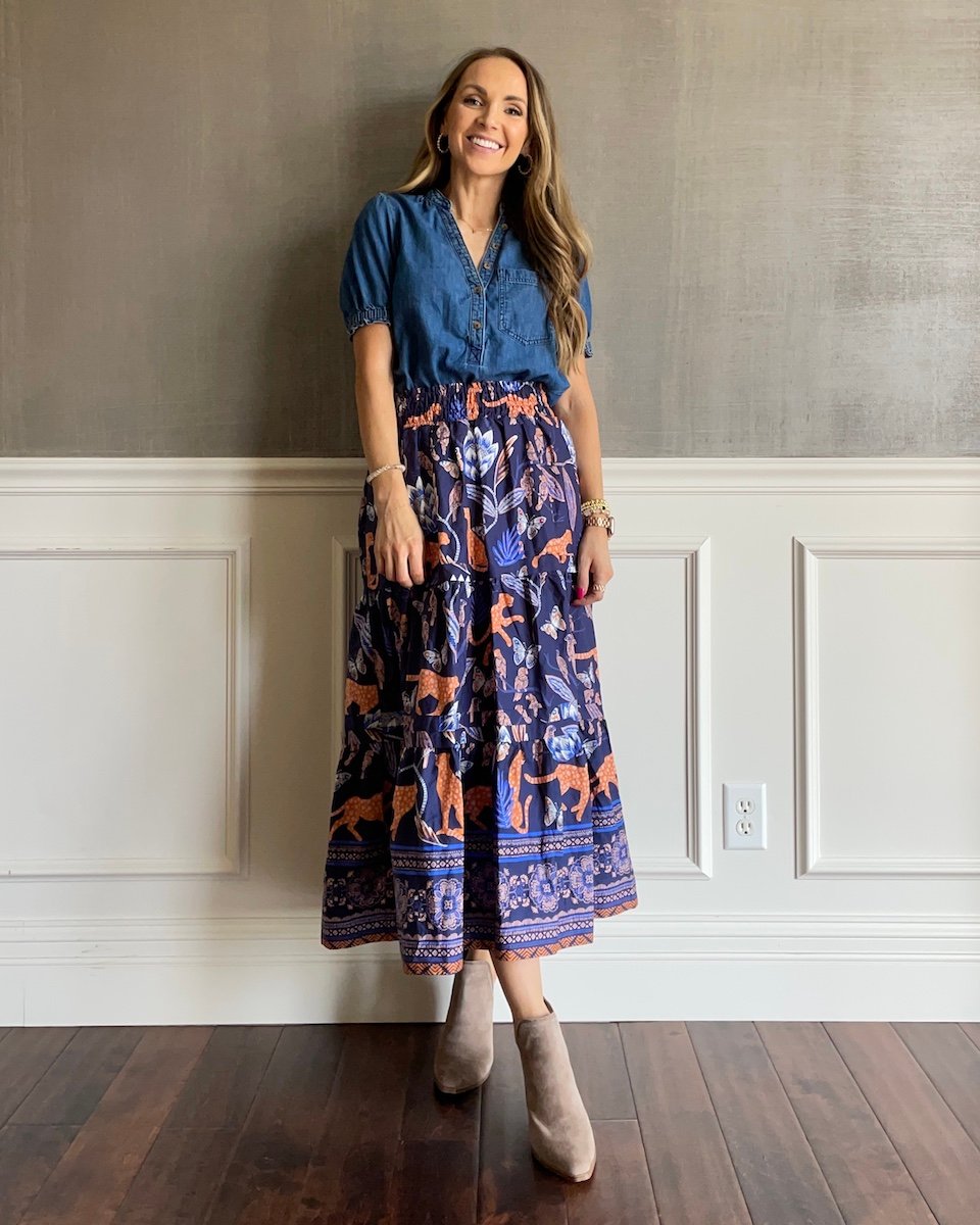 denim shirt with midi skirt with ankle boots