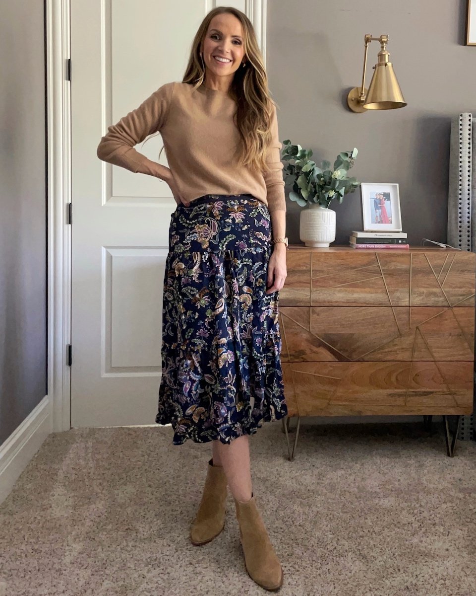 paisley sezane skirt and camel sweater