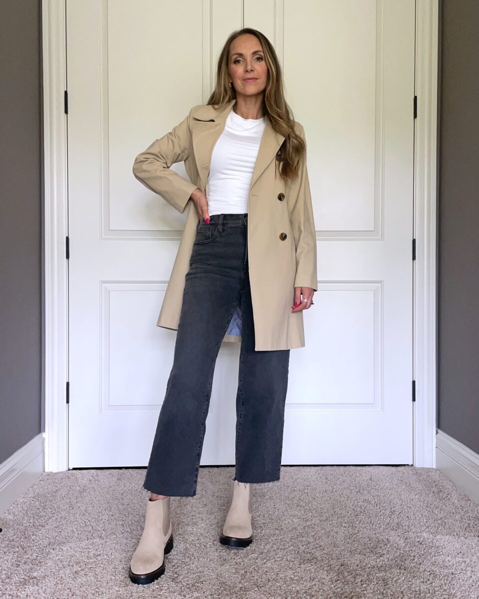 Gray wide leg jeans white tee trench coat tan Chelsea boots