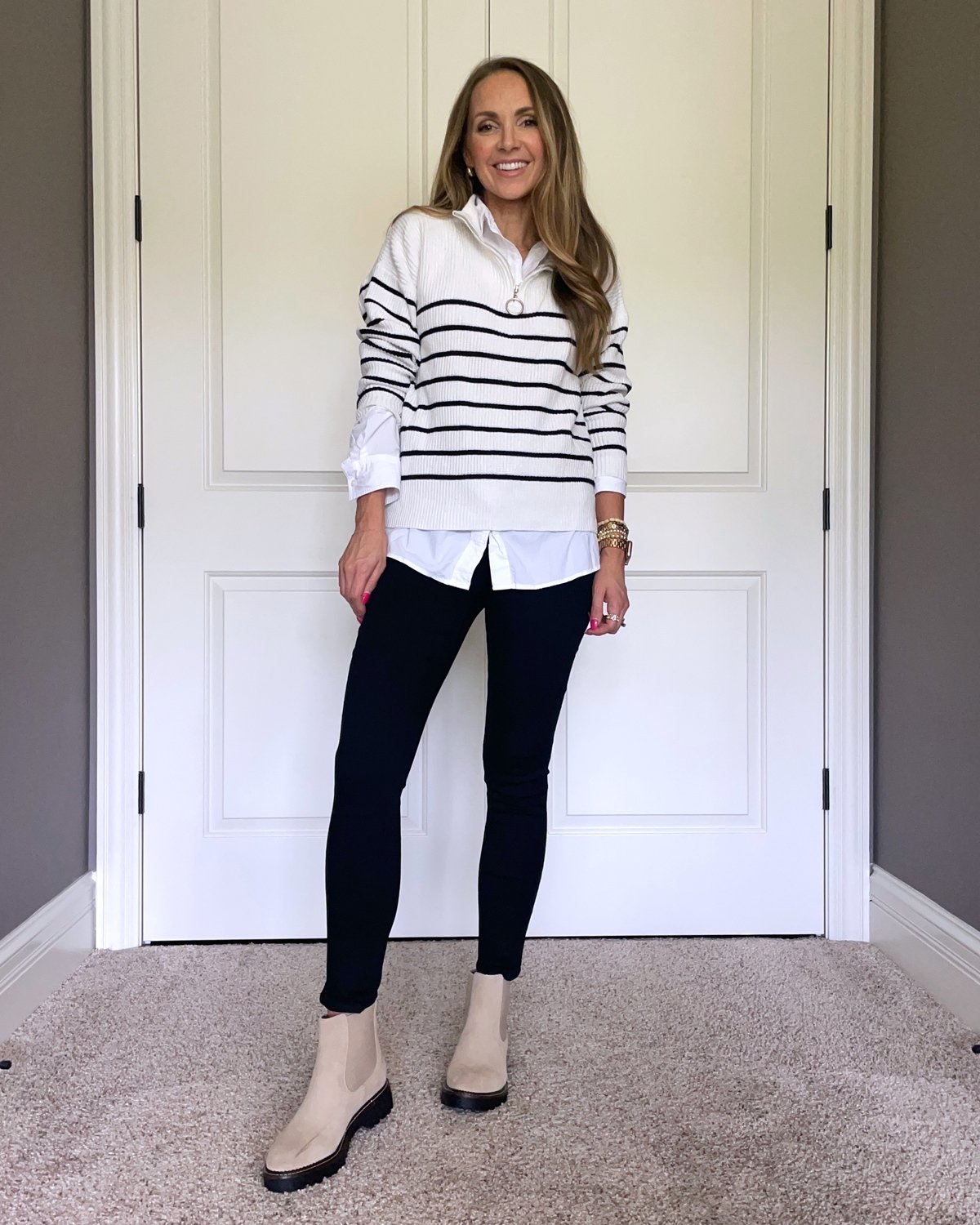 White Button Down Striped Sweater Pullover Black jeans Leggings tan Chelsea boots
