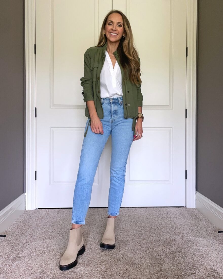 Light wash jeans tan Chelsea boots white button up utility jacket olive green