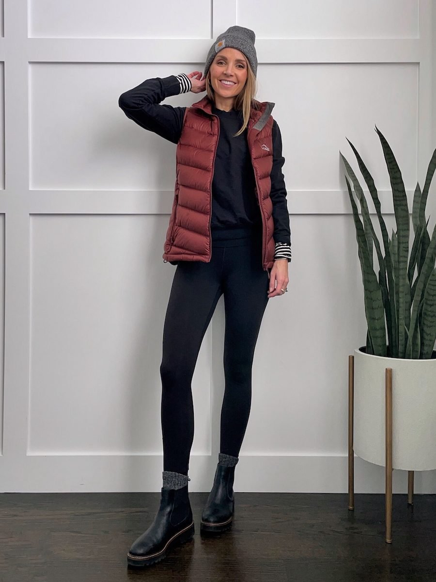 puffer vest chelsea boots leggings