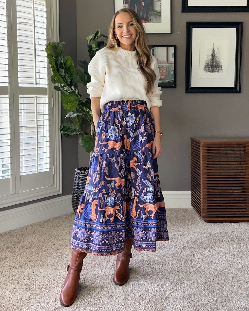 riding boots with midi skirt
