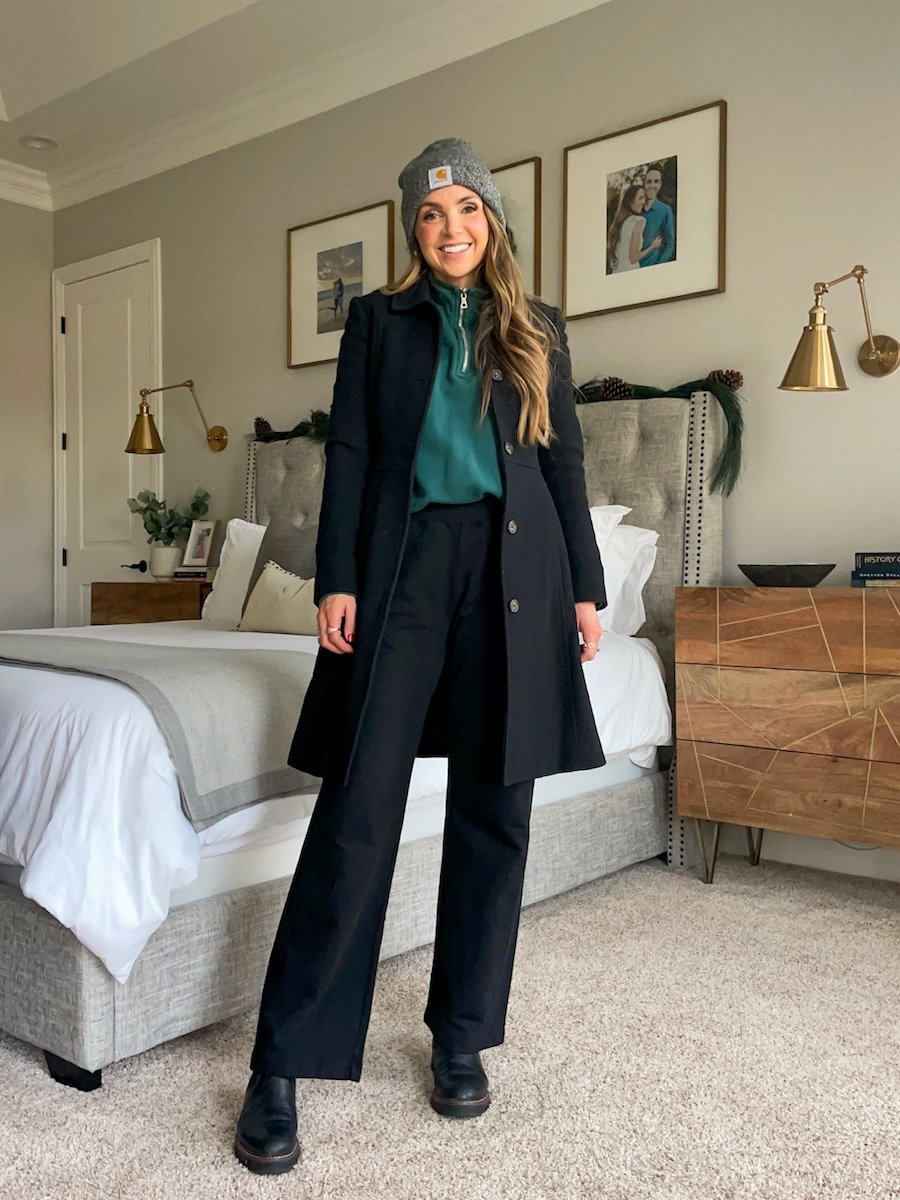 half zip pullover with wide leg pant and coat