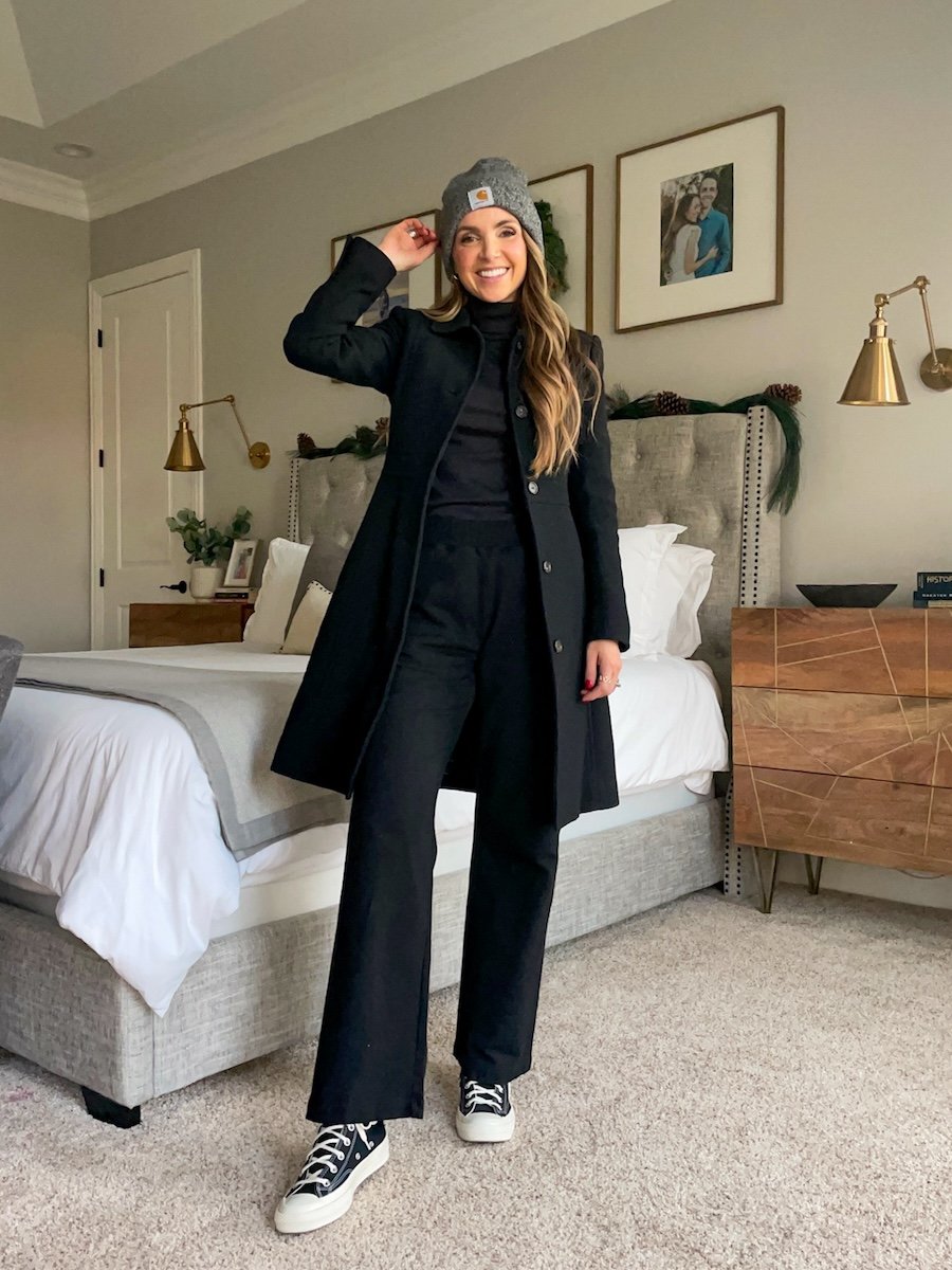 wide leg pant with turleneck and coat