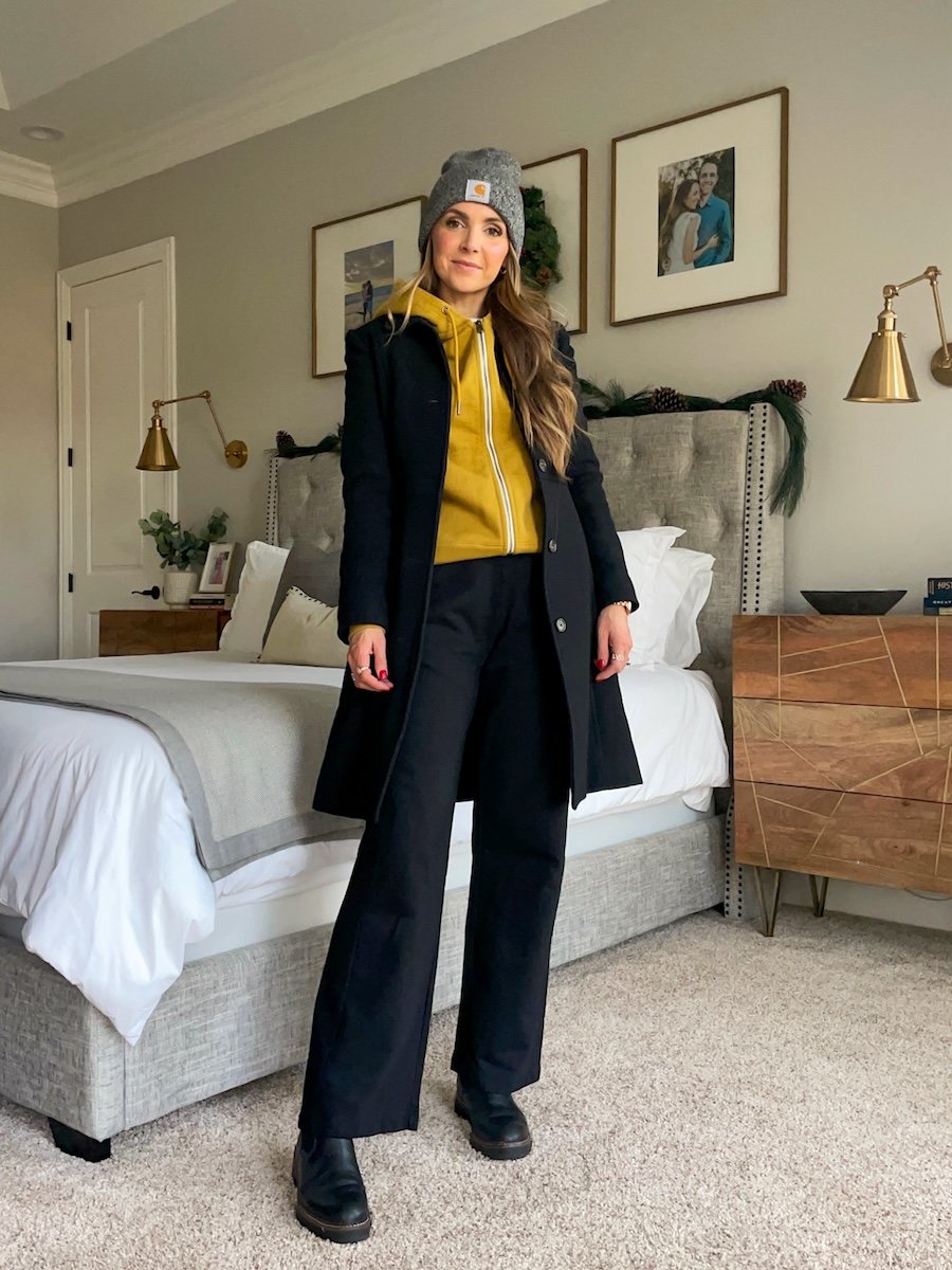 wide leg pant with zip up hoodie and coat with beanie