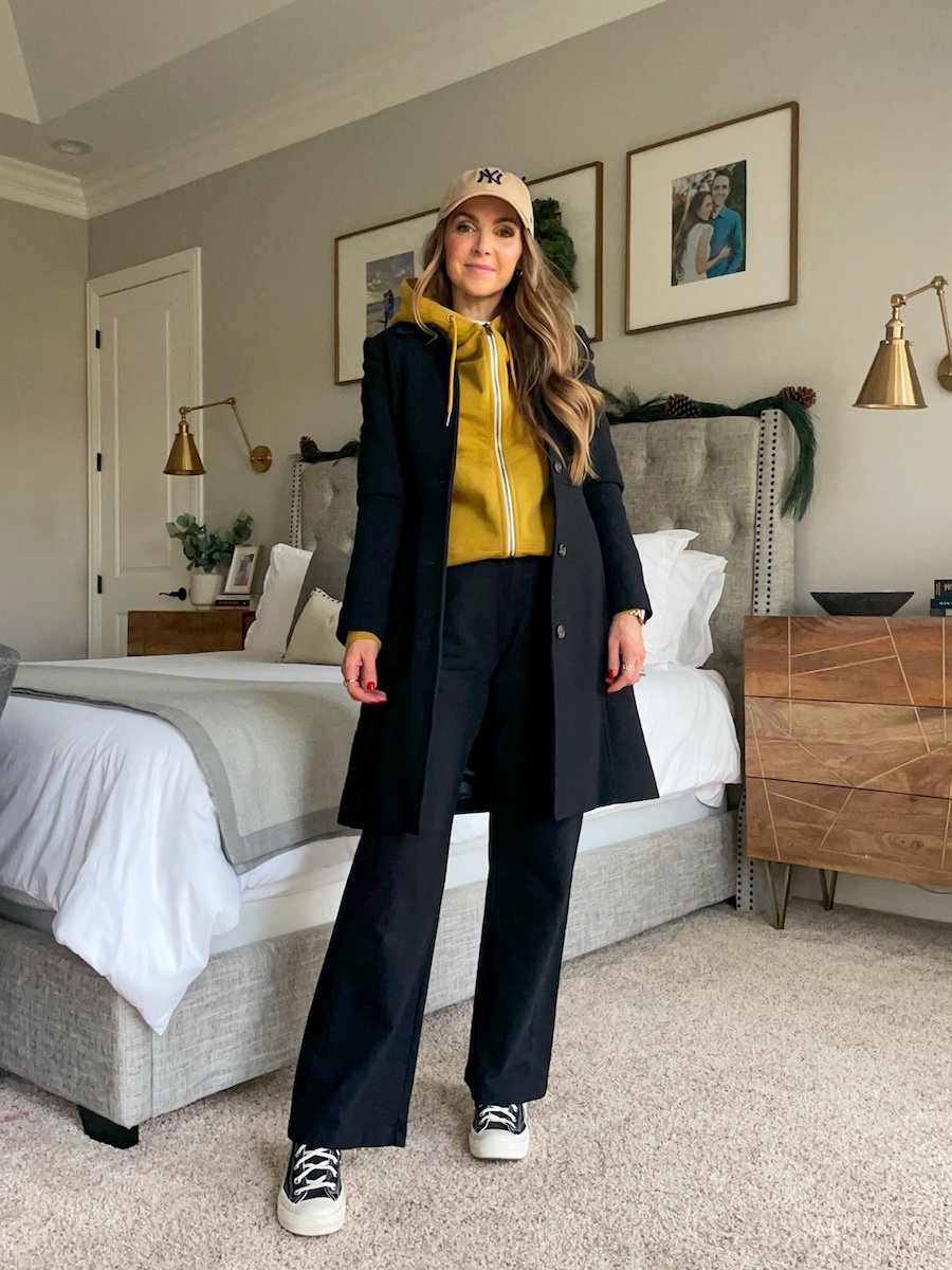 wide leg pant with zipped up hoodie and coat