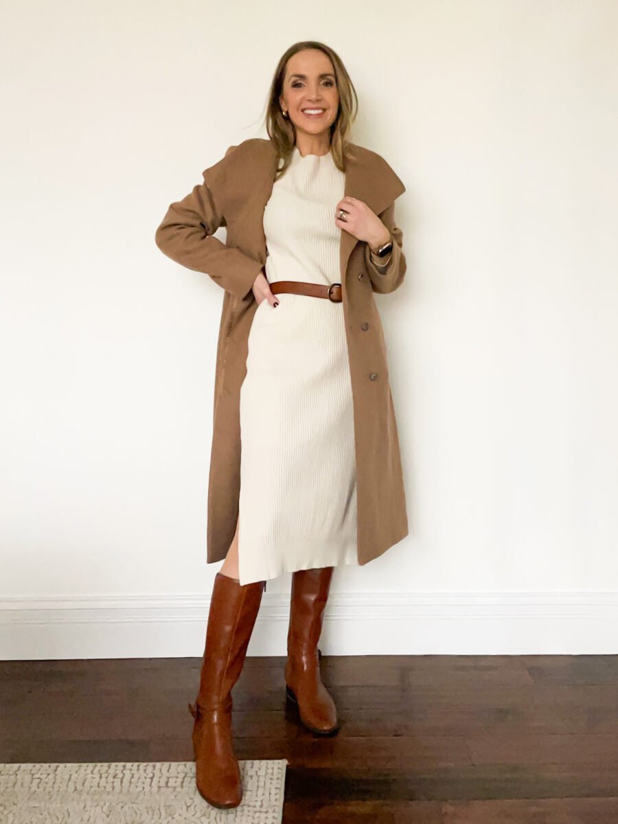Aritzia coat, winter white dress, riding boots