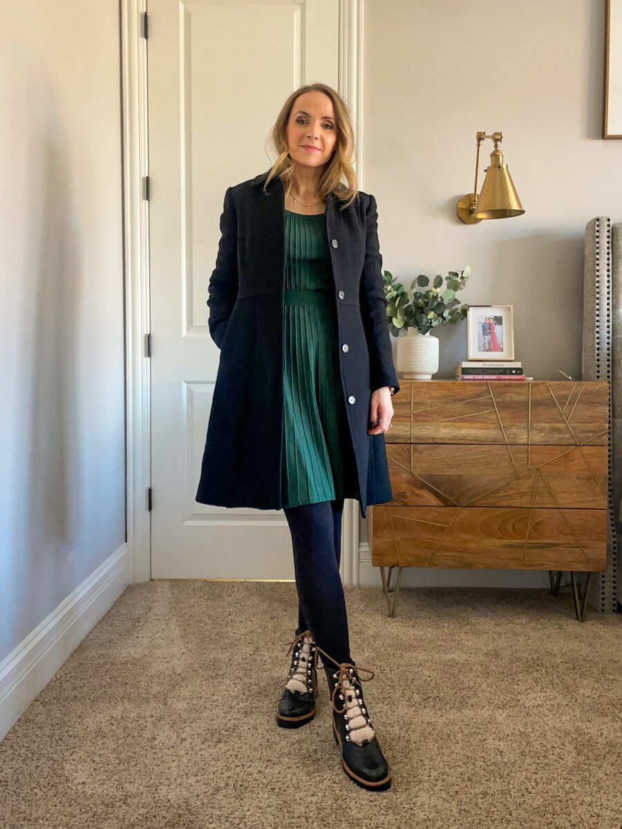 amazon sweater dress, fur lined boots, fleece tights
