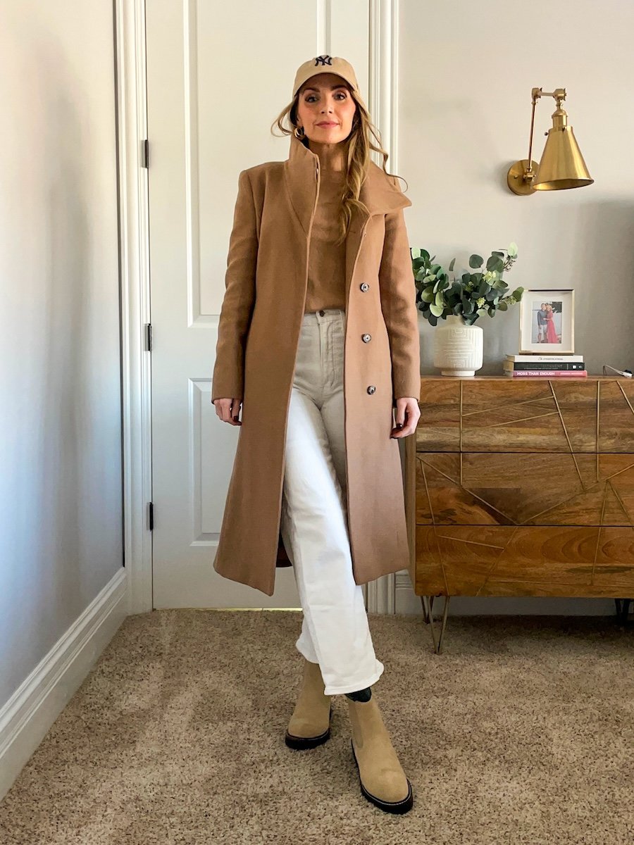 Tan coat with white jeans