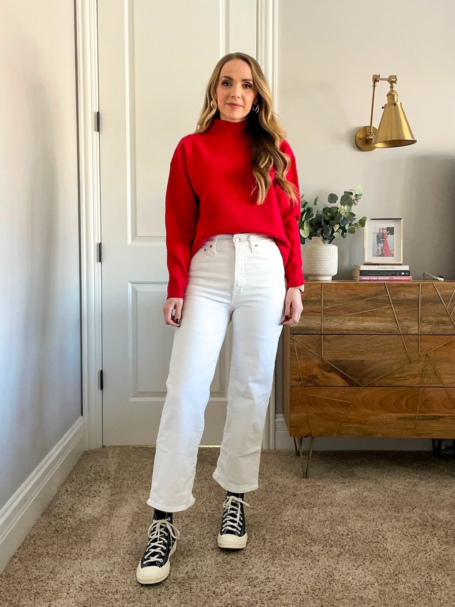 White jeans red sweater