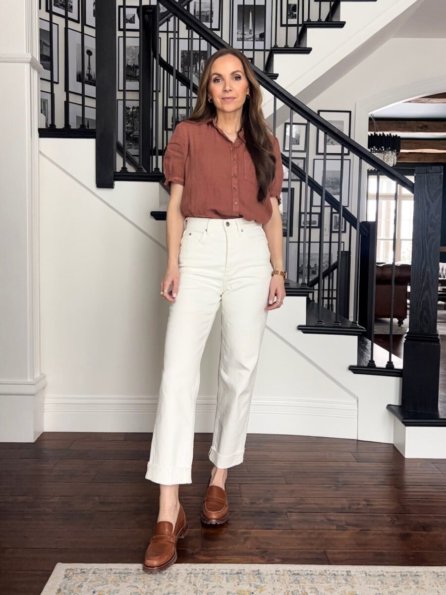 favorite jeans - target white jeans, anthro linen shirt, madewell lugsole loafers