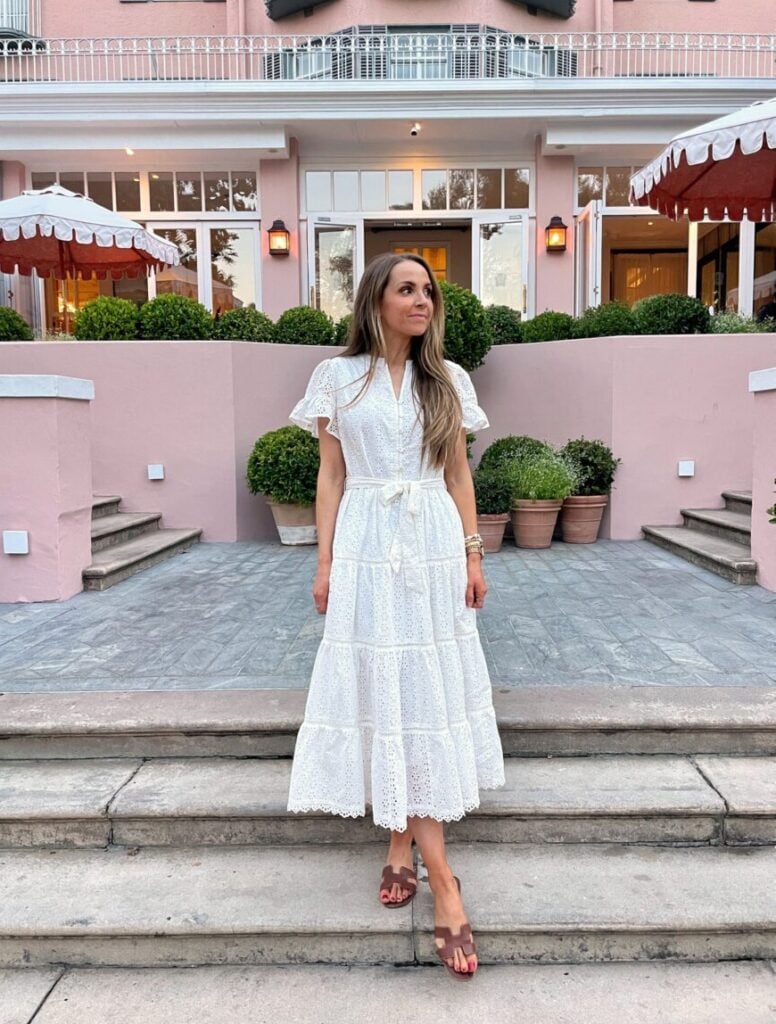 merrick white collection eyelet dress, hermes leather sandals