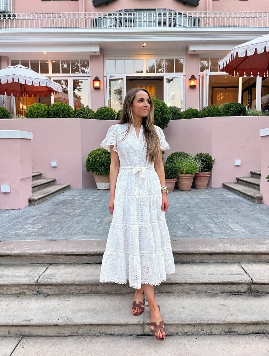 merrick white collection eyelet dress, hermes leather sandals